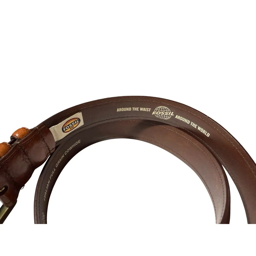 Fossil Brown Italian Full Grain Cowhide Belt Sz 38 Brass Buckle
